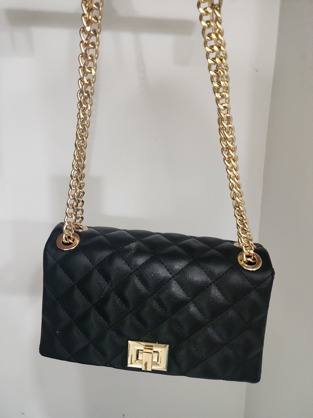 Black Quilted Chain Shoulder Bag with Gold Hardware